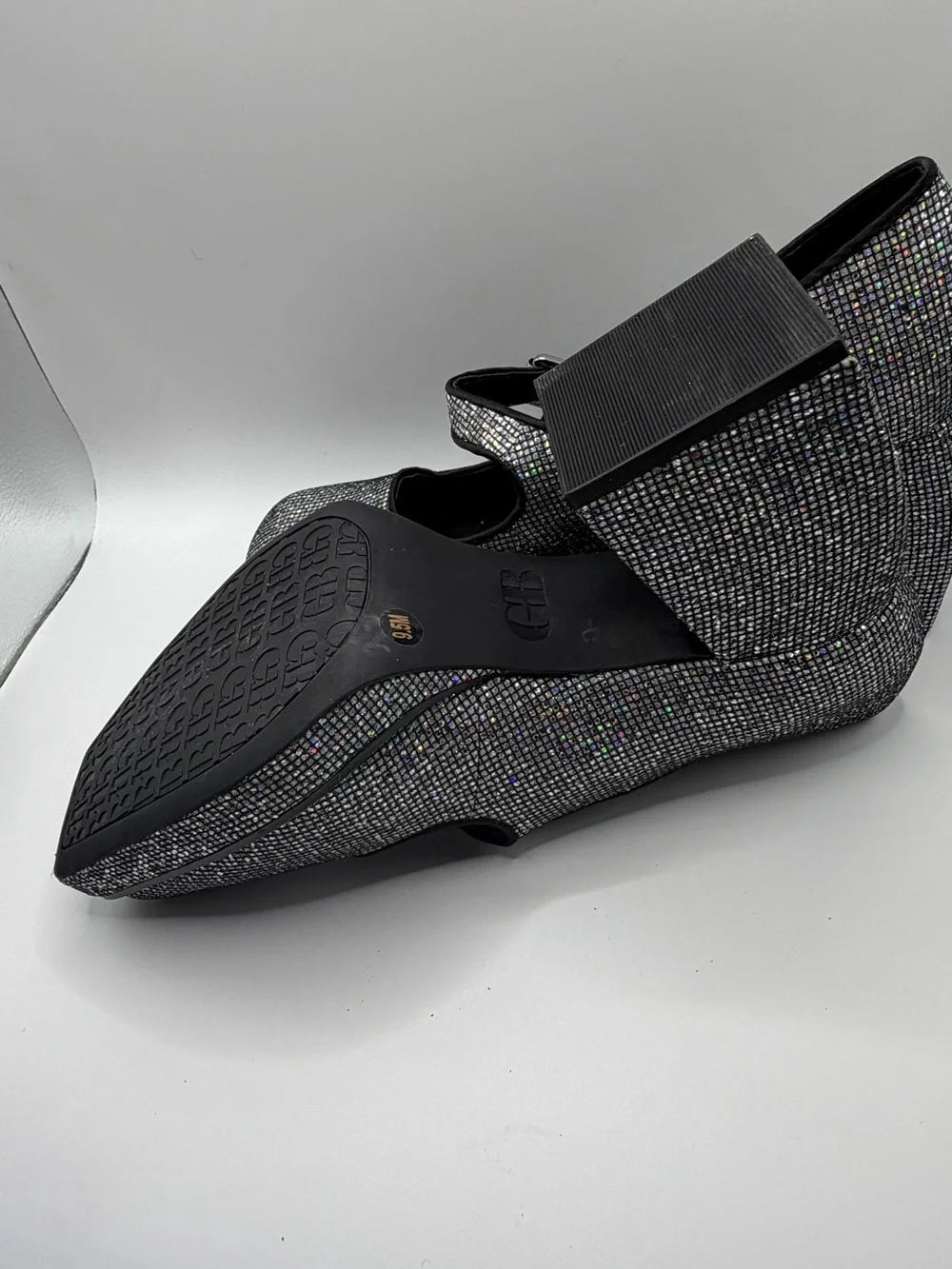 Gianni Bini Silver “Aurora” Disco-Style Glitter Mary Jane Platform Heels